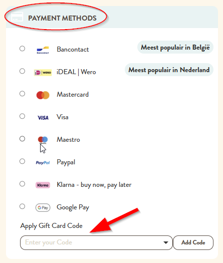 Where to enter your gift card code